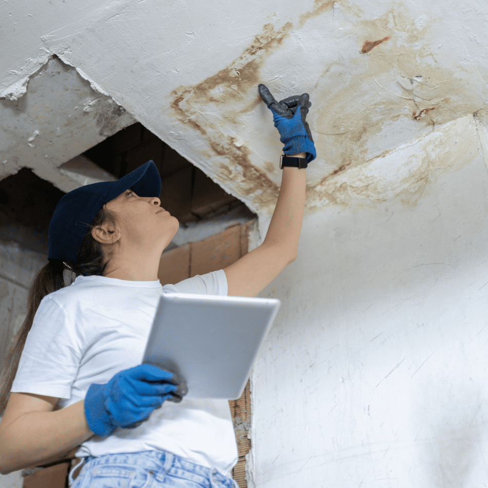Female worker assessing the water damage stains on the ceiling
