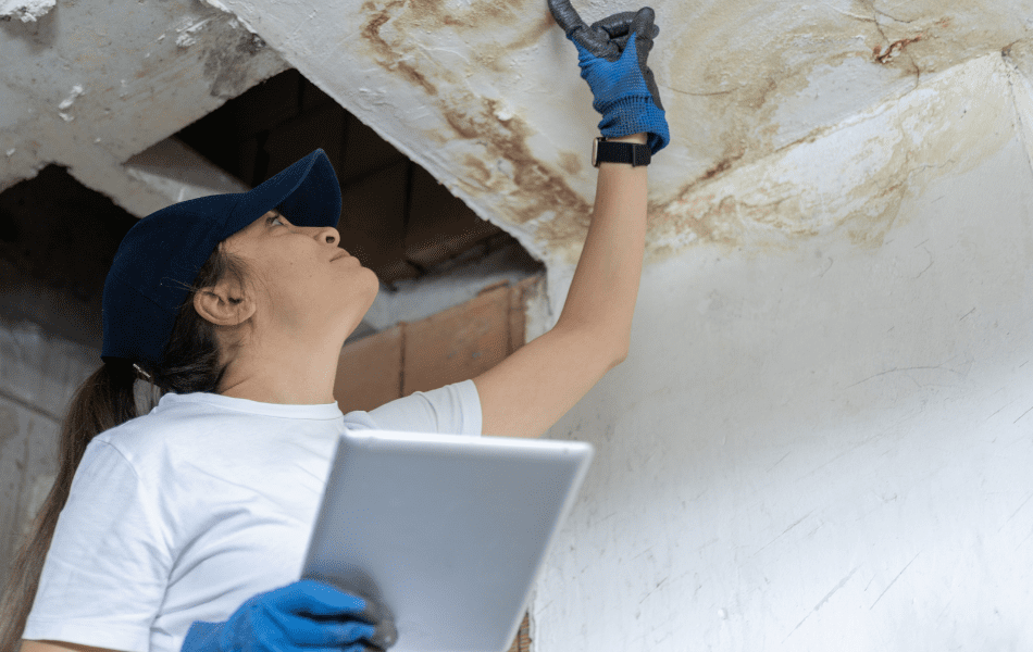 Water Damage Assessment Female worker assessing the water damage stains on the ceiling