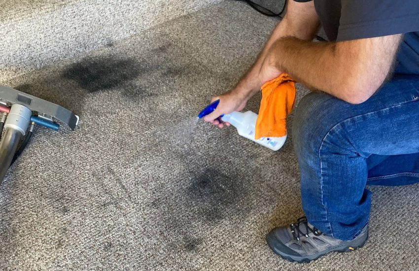 Xtreme Restoration Employee Spraying Cleaning Agent on Tough Carpet Stain during Carpet Cleaning